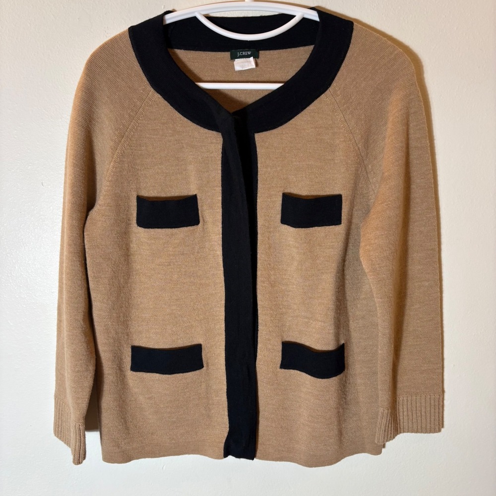 J. Crew Merino Wool Cambon Cardigan Tan Blackโ Snap Front Small